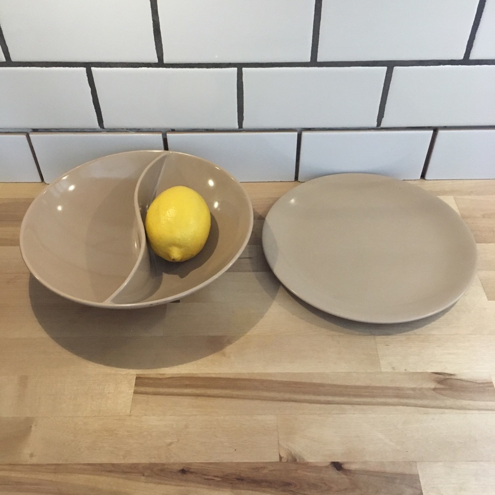Vintage Retro Melamine Divided Bowl & Plate Taupe 2 pieces